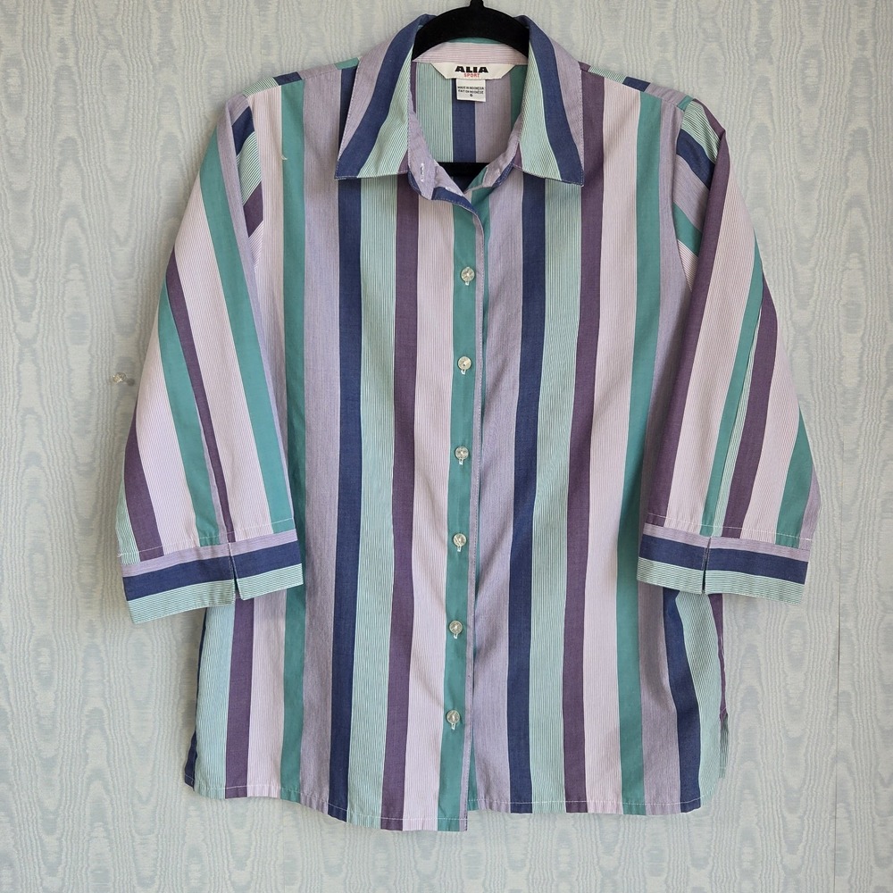 Vtg 80s 90s Alia Button Down Shirt S Striped 3/4 Sleeve Retro Preppy Indie